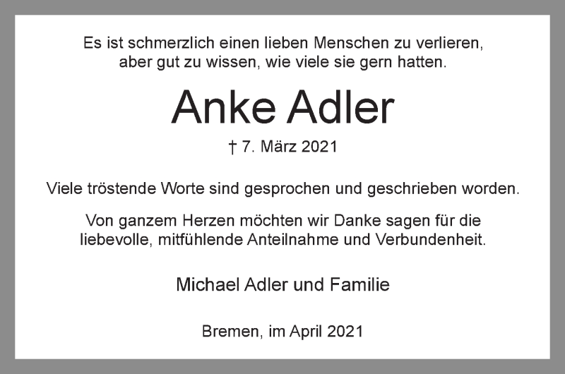 Traueranzeige von Anke Adler von WESER-KURIER