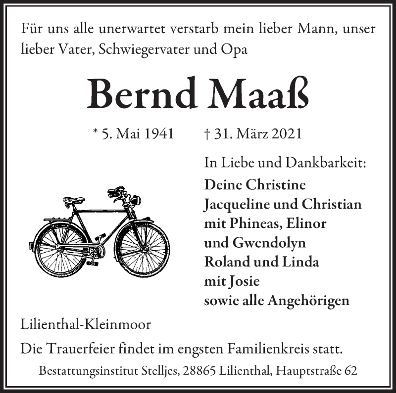  Traueranzeige für Bernd Maaß vom 07.04.2021 aus Wuemme Zeitung