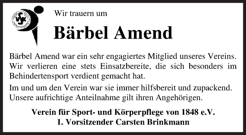  Traueranzeige für Bärbel Amend vom 29.04.2021 aus Osterholzer Kreisblatt