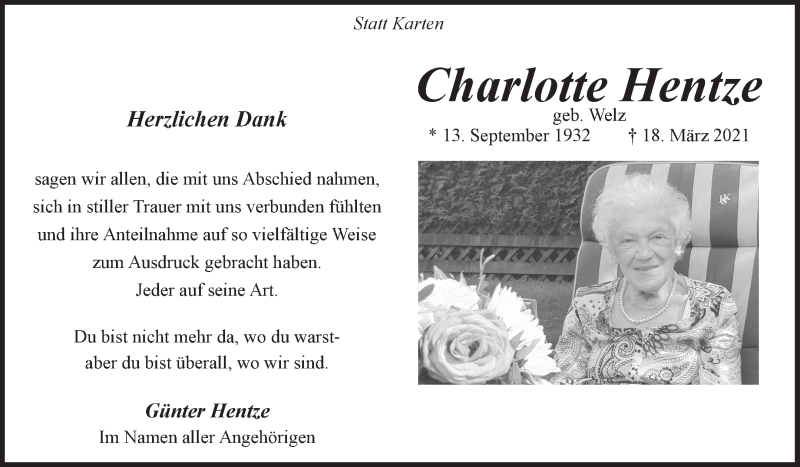 Traueranzeige von Charlotte Hentze von WESER-KURIER