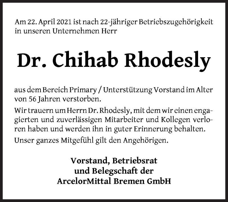  Traueranzeige für Chihab Rhodesly vom 28.04.2021 aus WESER-KURIER