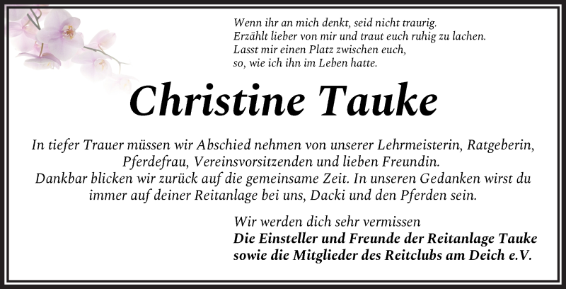  Traueranzeige für Christine Tauke vom 17.04.2021 aus WESER-KURIER