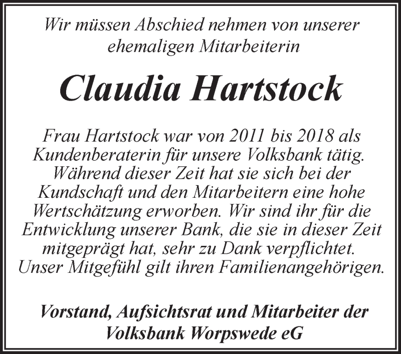  Traueranzeige für Claudia Hartstock vom 13.04.2021 aus Wuemme Zeitung
