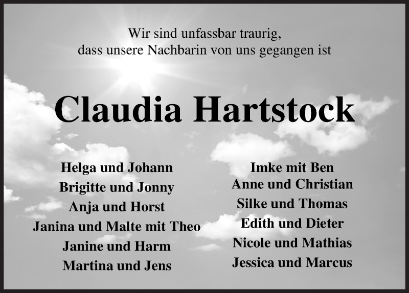  Traueranzeige für Claudia Hartstock vom 13.04.2021 aus Wuemme Zeitung