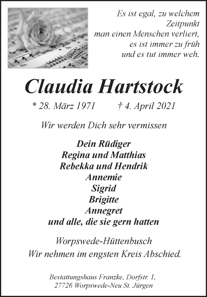  Traueranzeige für Claudia Hartstock vom 10.04.2021 aus Osterholzer Kreisblatt