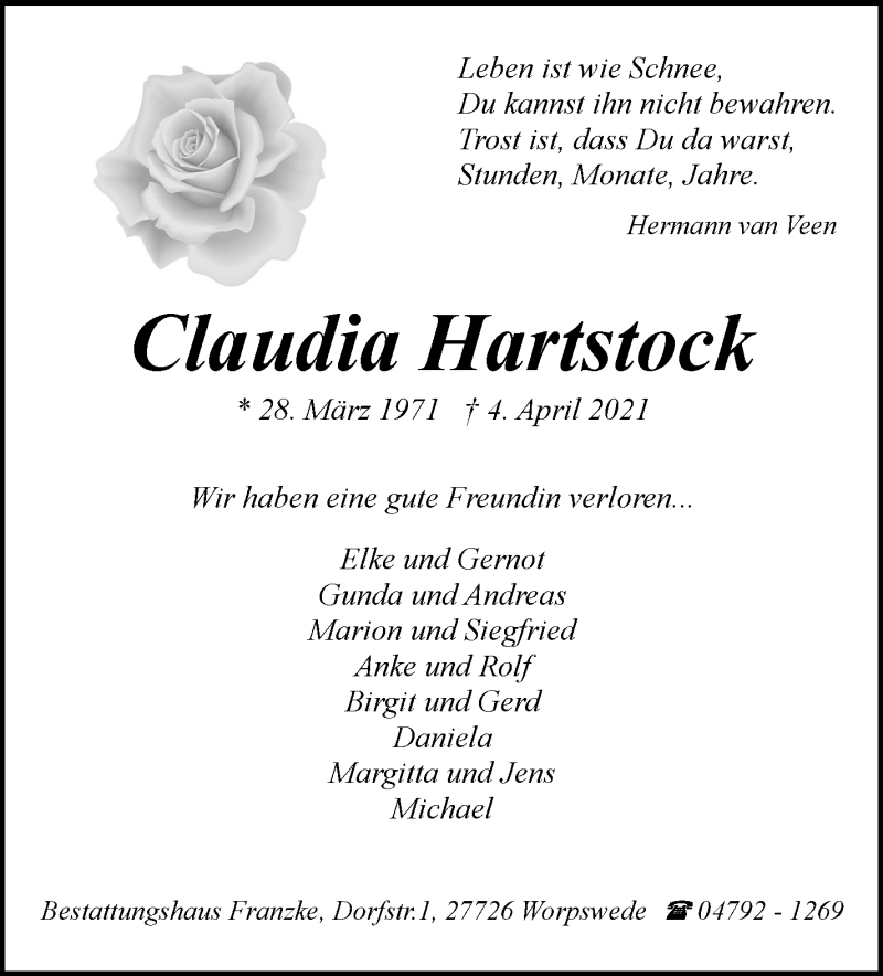  Traueranzeige für Claudia Hartstock vom 12.04.2021 aus Wuemme Zeitung