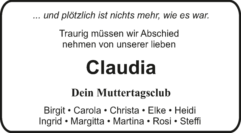  Traueranzeige für Claudia Hartstock vom 10.04.2021 aus Wuemme Zeitung