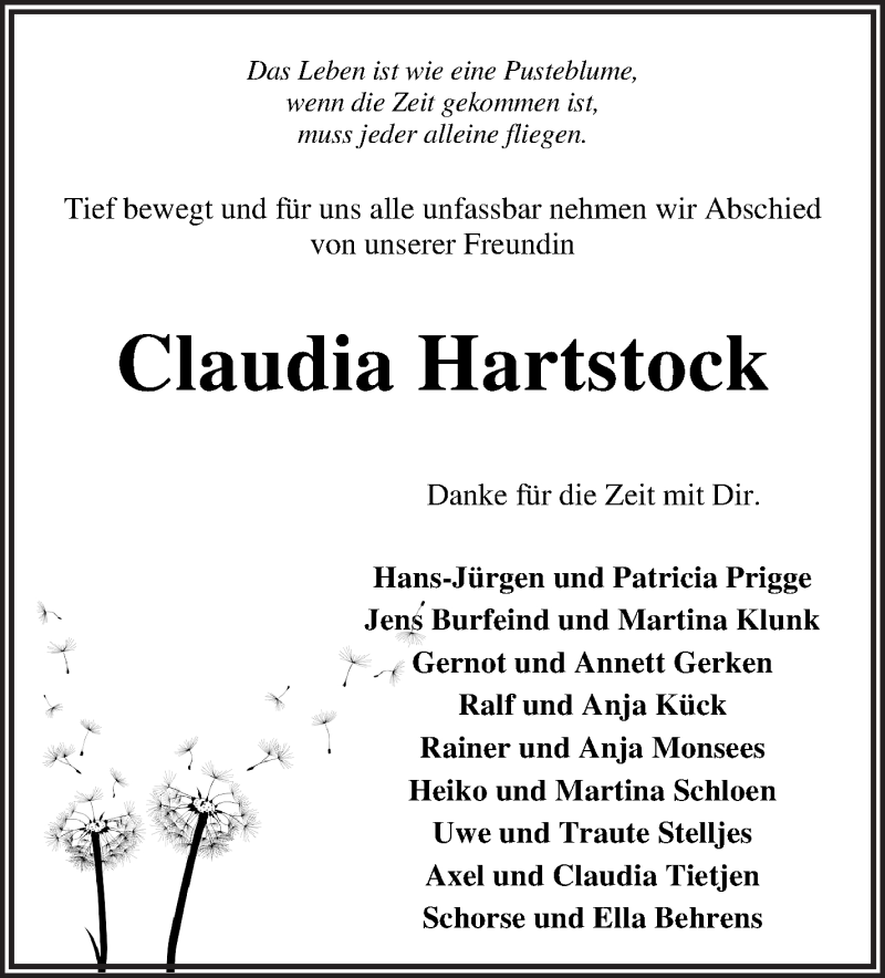  Traueranzeige für Claudia Hartstock vom 10.04.2021 aus Wuemme Zeitung