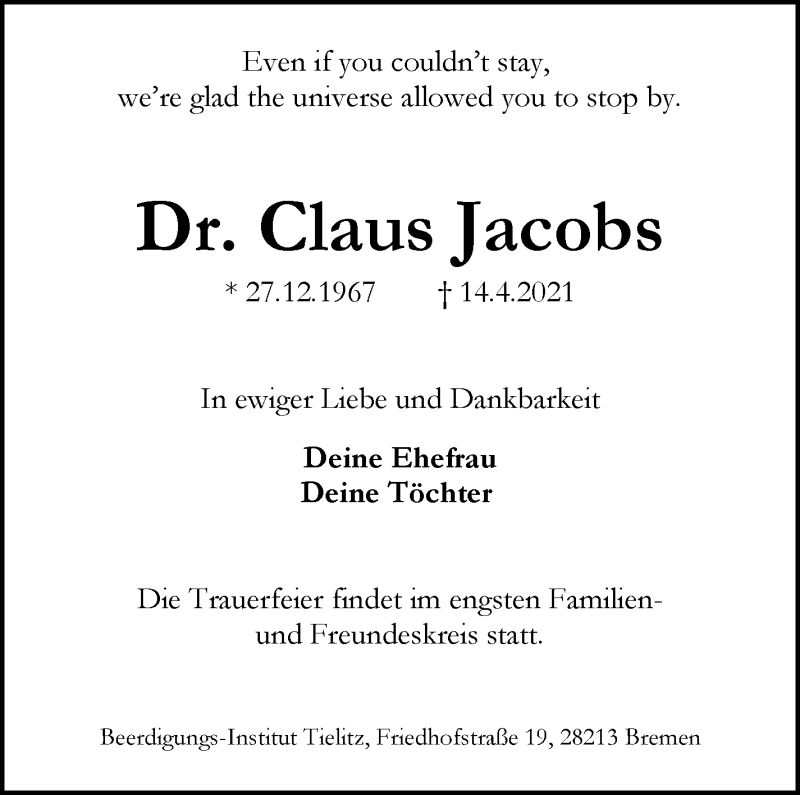  Traueranzeige für Claus Jacobs vom 30.04.2021 aus WESER-KURIER
