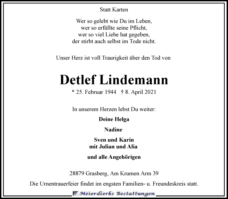  Traueranzeige für Detlef Lindemann vom 10.04.2021 aus Wuemme Zeitung