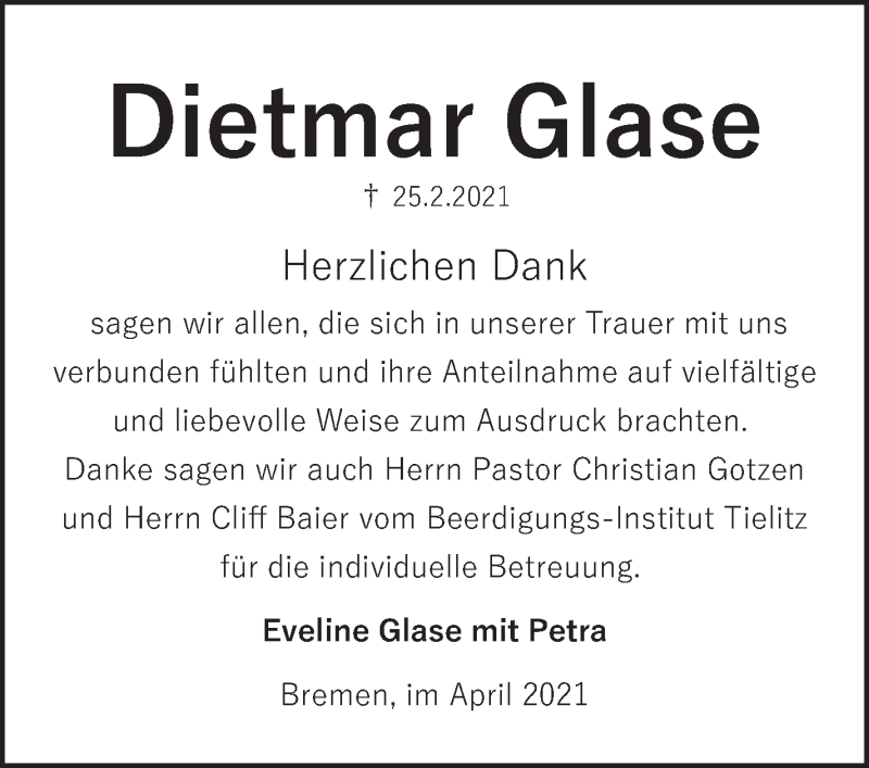 Traueranzeige von Dietmar Glase von WESER-KURIER