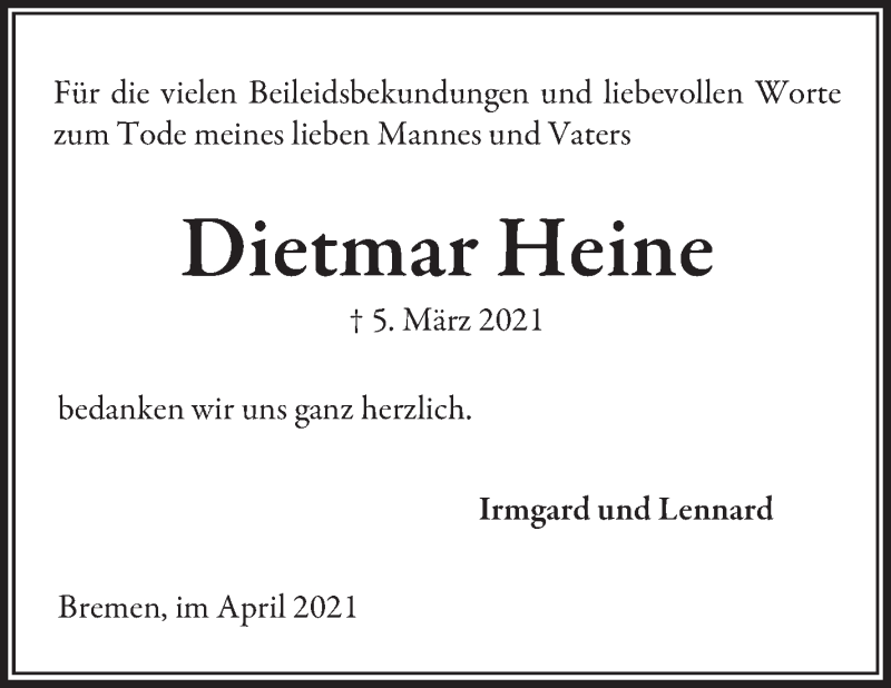  Traueranzeige für Dietmar Heine vom 10.04.2021 aus WESER-KURIER