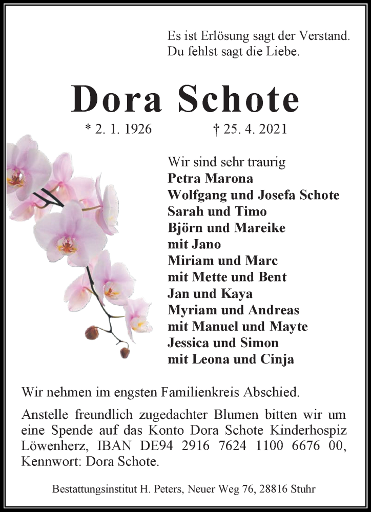  Traueranzeige für Dora Schote vom 30.04.2021 aus WESER-KURIER