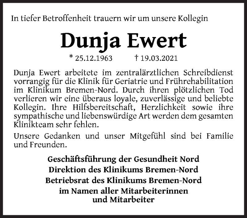  Traueranzeige für Dunja Ewert vom 10.04.2021 aus Die Norddeutsche