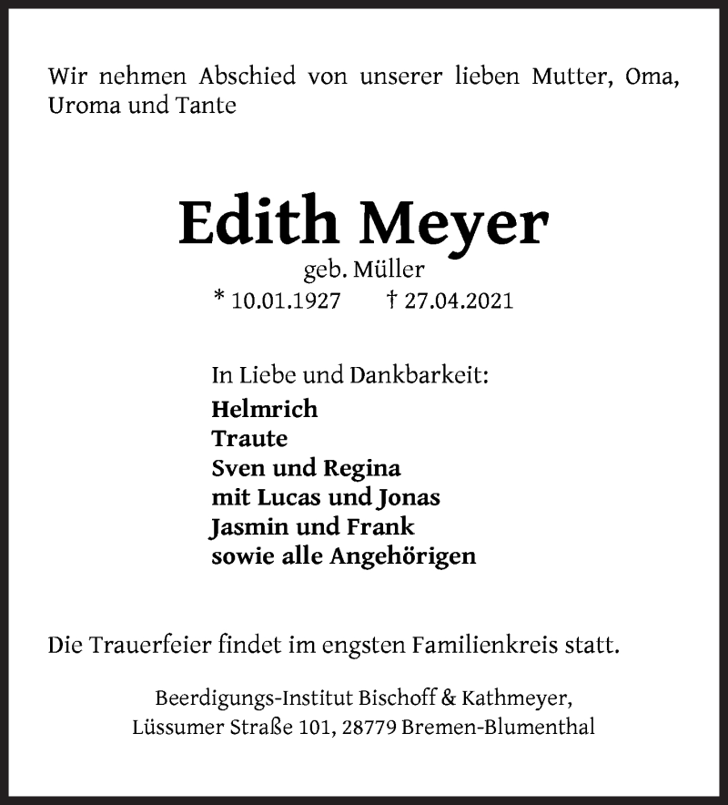  Traueranzeige für Edith Meyer vom 30.04.2021 aus Die Norddeutsche