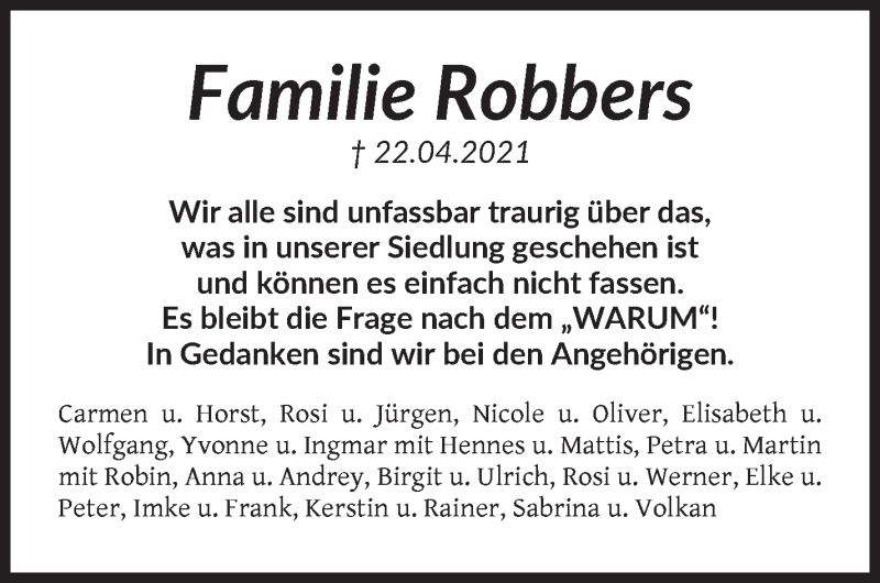  Traueranzeige für Familie Robbers vom 30.04.2021 aus WESER-KURIER