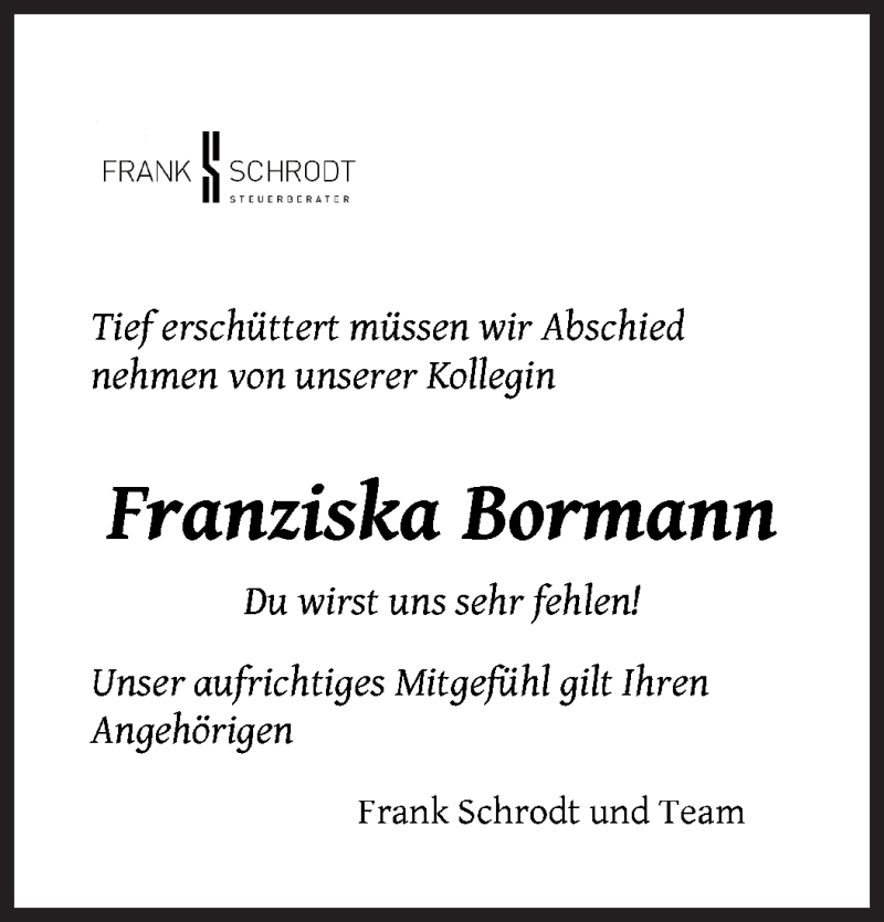  Traueranzeige für Franziska Bormann vom 24.04.2021 aus WESER-KURIER