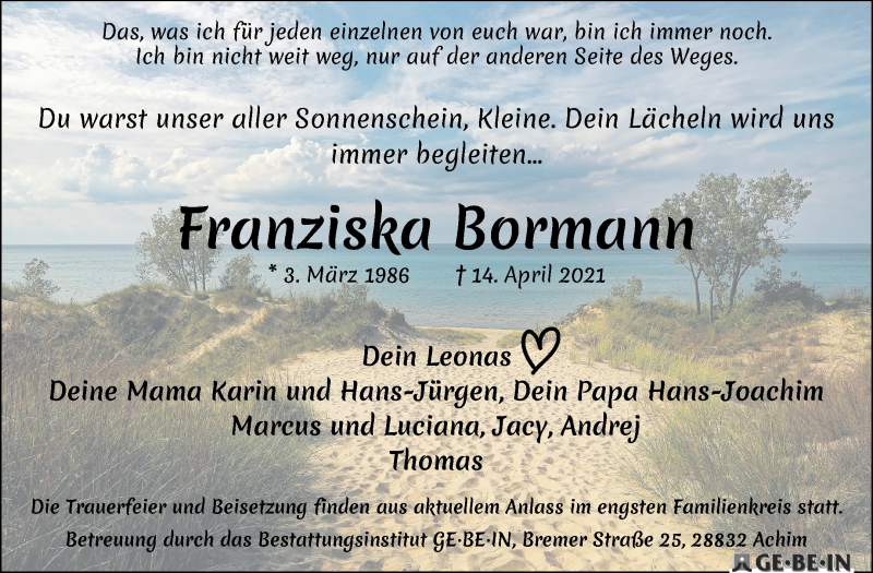  Traueranzeige für Franziska Bormann vom 24.04.2021 aus Achimer Kurier/Verdener Nachrichten