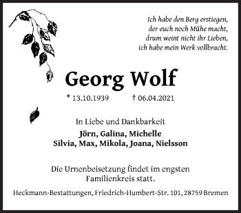 Traueranzeige von Georg Wolf