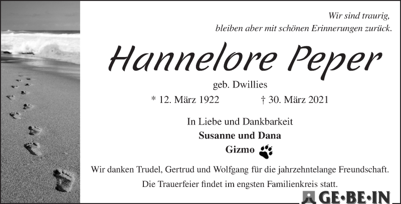  Traueranzeige für Hannelore Peper vom 10.04.2021 aus WESER-KURIER