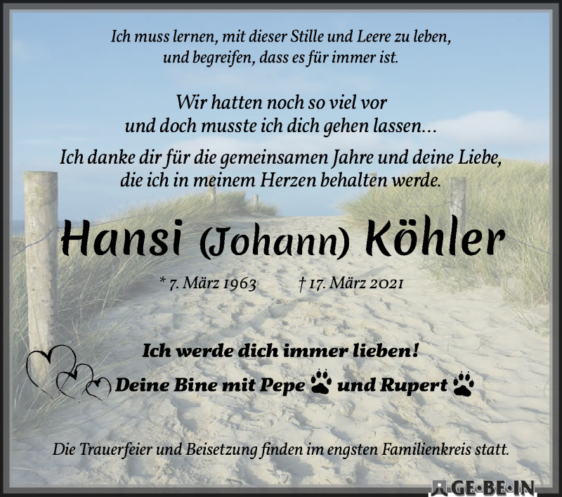  Traueranzeige für Hansi (Johann) Köhler vom 10.04.2021 aus WESER-KURIER