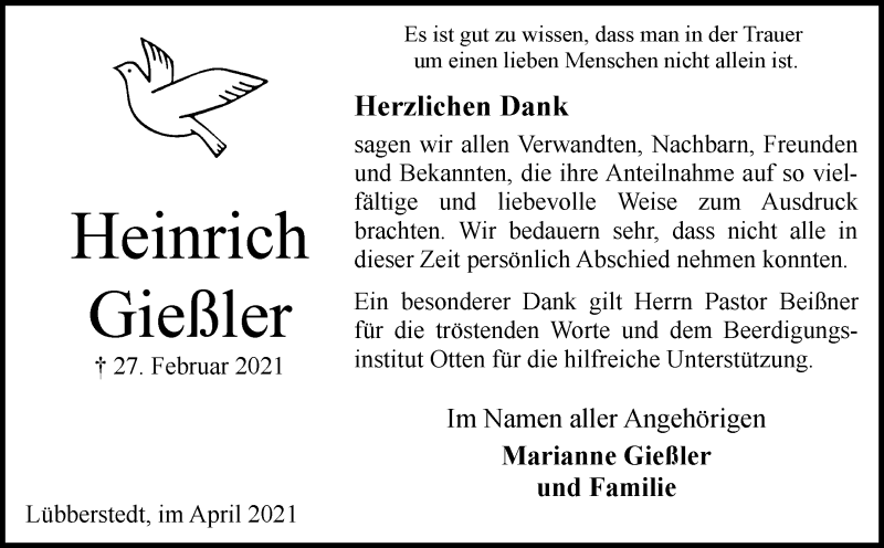 Traueranzeige von Heinrich Gießler von Osterholzer Kreisblatt