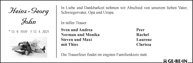 Traueranzeige von Heinz-Georg John von WESER-KURIER