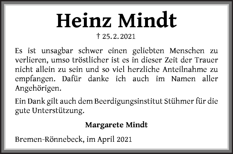 Traueranzeige von Heinz Mindt von WESER-KURIER