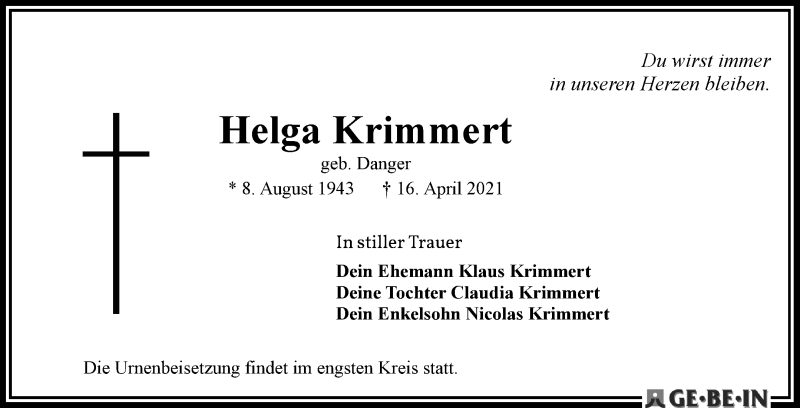 Traueranzeige von Helga Krimmert von WESER-KURIER