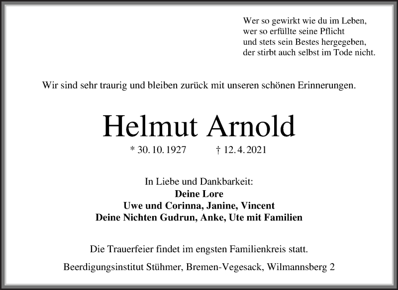 Traueranzeige von Helmut Arnold von WESER-KURIER