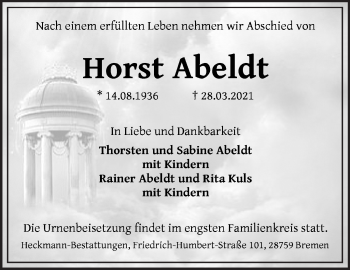 Traueranzeige von Horst Abeldt