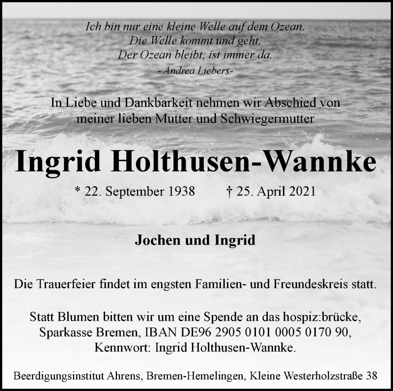 Traueranzeige von Ingrid Holthusen-Wannke von WESER-KURIER