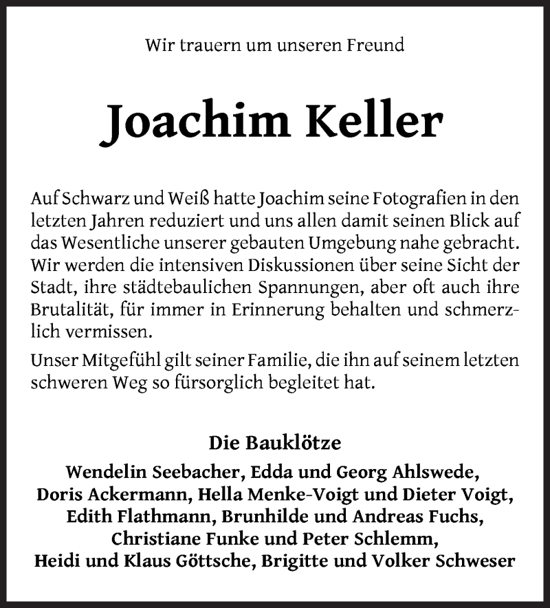 Traueranzeige von Joachim Keller von WESER-KURIER