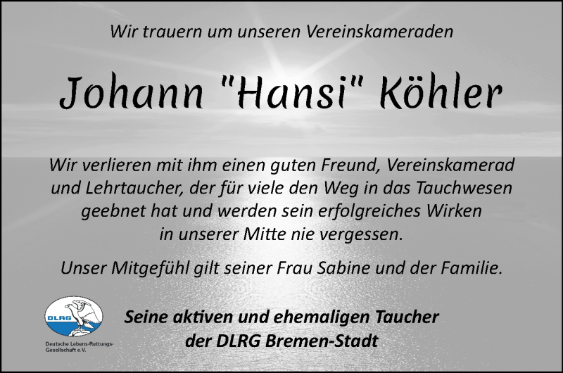  Traueranzeige für Hansi (Johann) Köhler vom 10.04.2021 aus WESER-KURIER