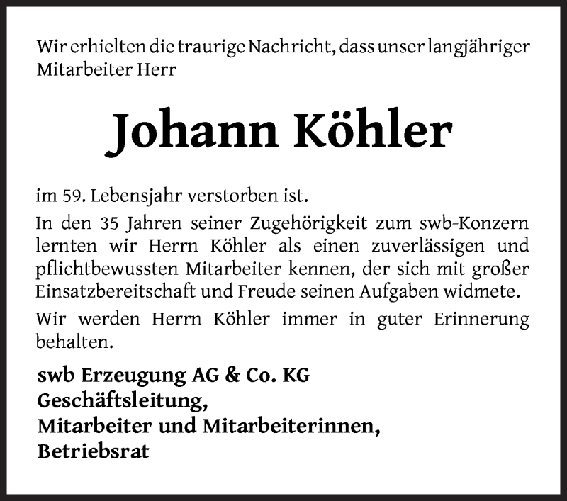 Traueranzeige von Hansi (Johann) Köhler von WESER-KURIER