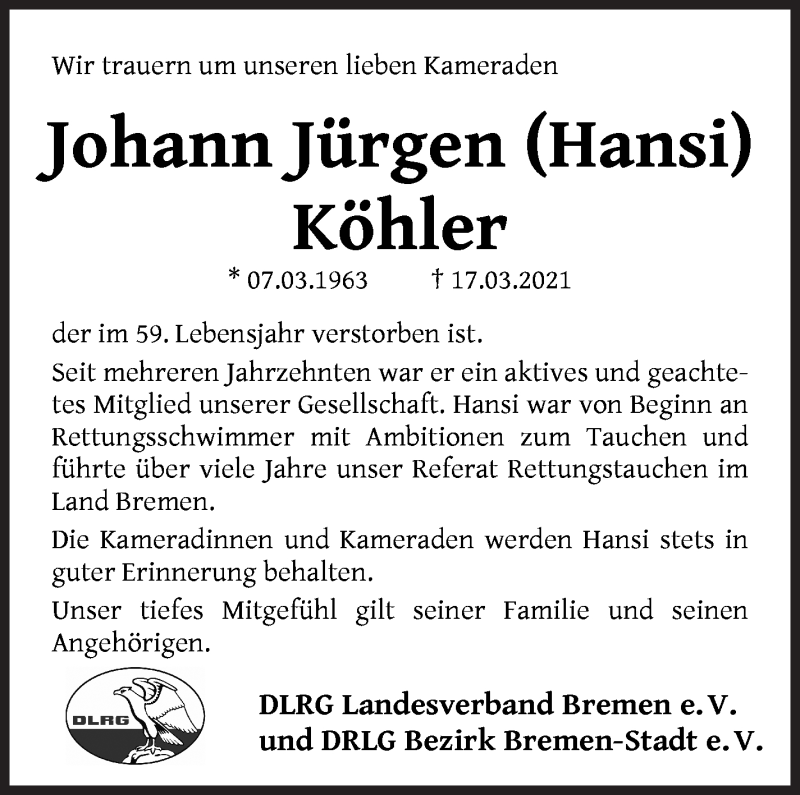 Traueranzeige von Hansi (Johann) Köhler von WESER-KURIER