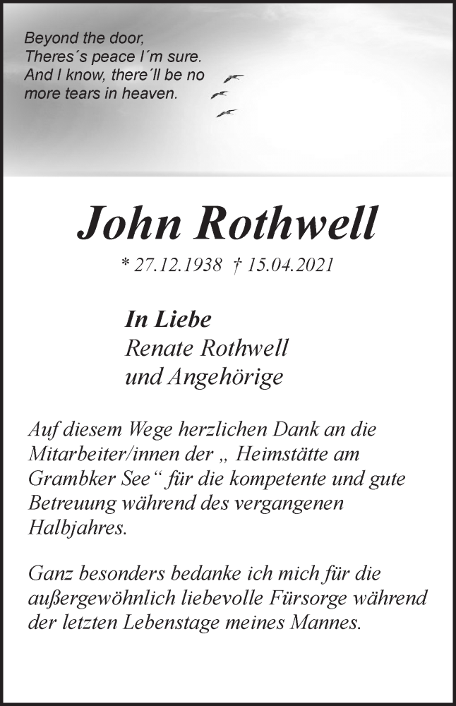  Traueranzeige für John Rothwell vom 24.04.2021 aus WESER-KURIER