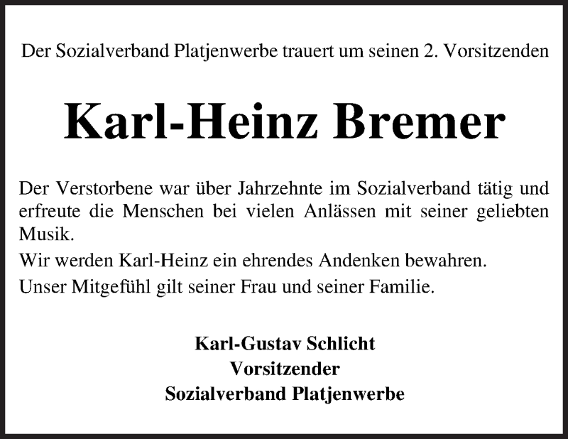 Traueranzeige von Karl-Heinz Bremer von Osterholzer Kreisblatt