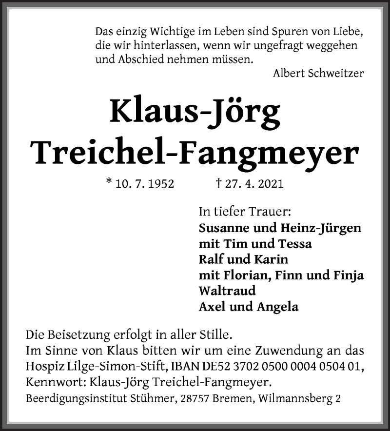  Traueranzeige für Klaus-Jörg Treichel-Fangmeyer vom 30.04.2021 aus Die Norddeutsche