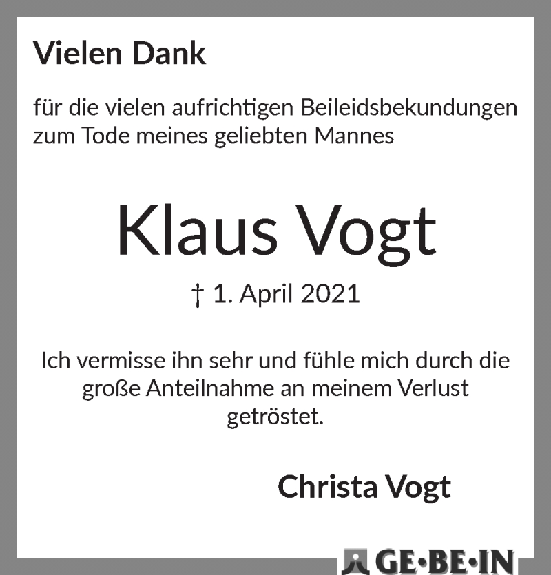 Traueranzeige von Klaus Vogt von WESER-KURIER