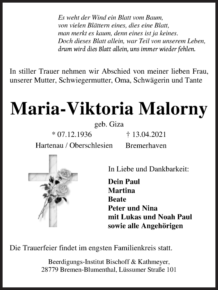 Traueranzeige für Maria-Viktoria Malorny vom 17.04.2021 aus Die Norddeutsche
