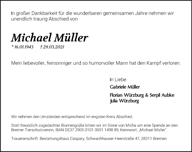 Traueranzeige von Michael Müller von WESER-KURIER
