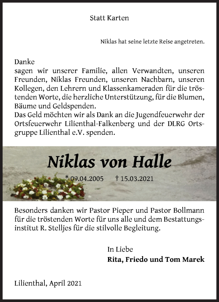  Traueranzeige für Niklas von Halle vom 30.04.2021 aus Wuemme Zeitung