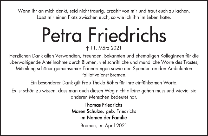 Traueranzeige von Petra Friedrichs von WESER-KURIER