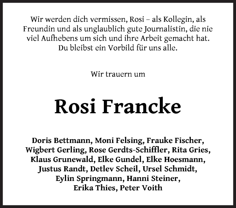Traueranzeige von Rosi Francke von WESER-KURIER