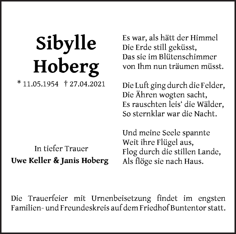  Traueranzeige für Sibylle Hoberg vom 30.04.2021 aus WESER-KURIER