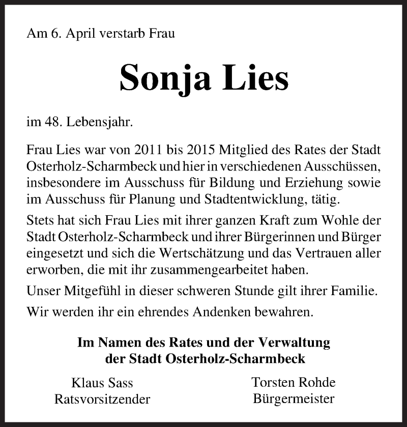  Traueranzeige für Sonja Lies vom 14.04.2021 aus Osterholzer Kreisblatt