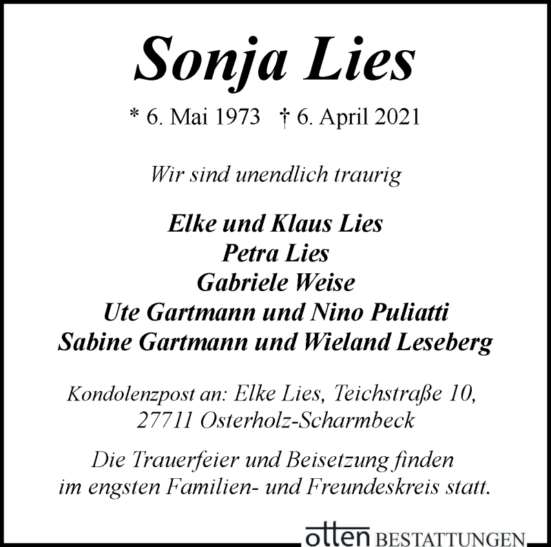  Traueranzeige für Sonja Lies vom 10.04.2021 aus Osterholzer Kreisblatt