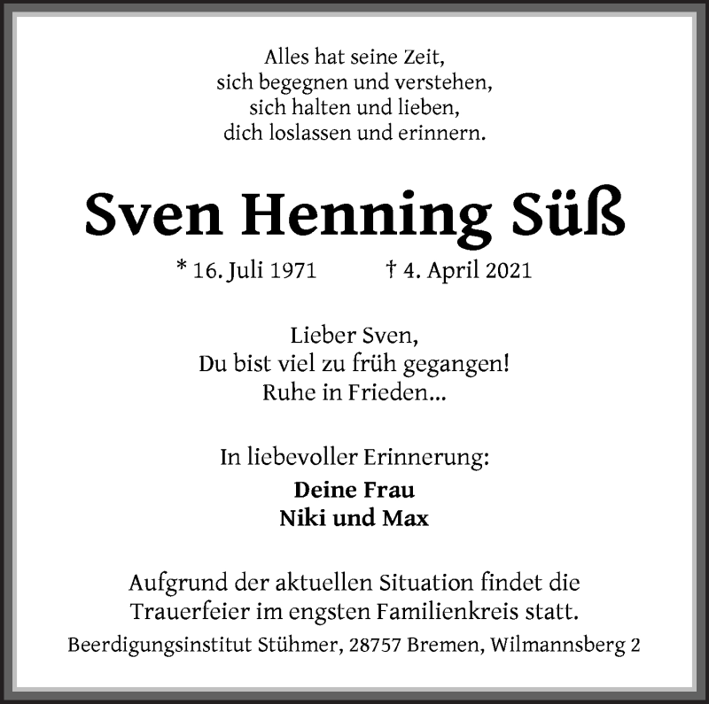  Traueranzeige für Sven Henning Süß vom 10.04.2021 aus Osterholzer Kreisblatt