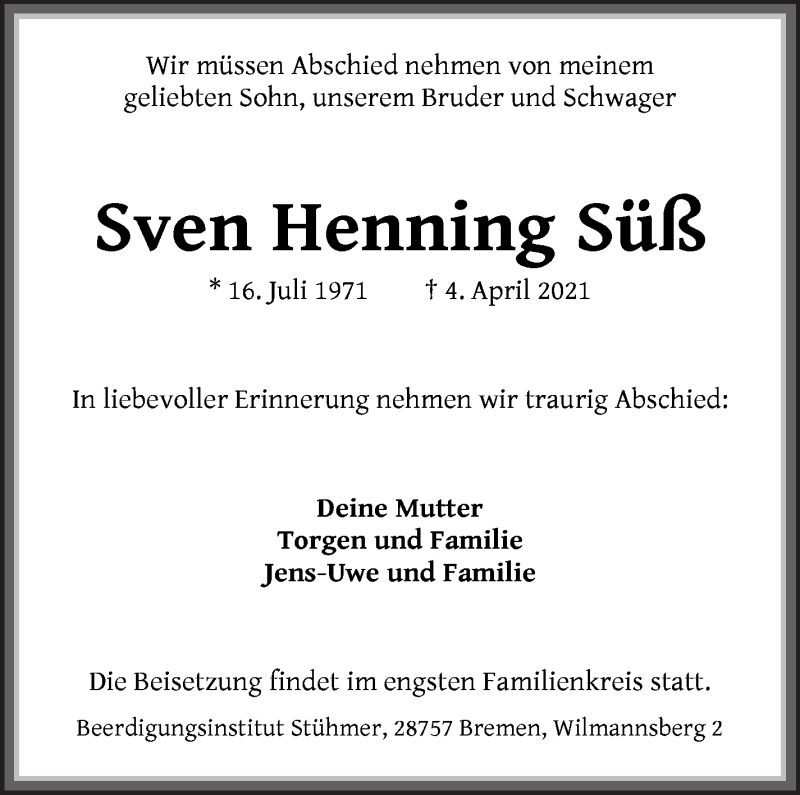  Traueranzeige für Sven Henning Süß vom 10.04.2021 aus Die Norddeutsche